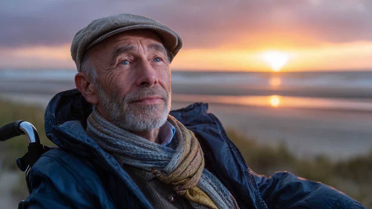 En äldre man reflekterar stillsamt över livet medan solen går ner över stranden och fångar ett ögonblick av ro och djupa tankar i en lugn kustmiljö