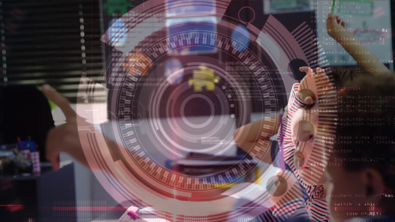 animación de niños levantando las manos sobre un telescopio buscando en el fondo