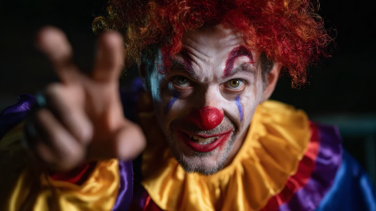 A Sinister Clown Grins Menacingly While Pointing, Showcasing Imposing Makeup and Colorful Costume, Evoking Both Fear and Intrigue in a Darker Atmosphere
