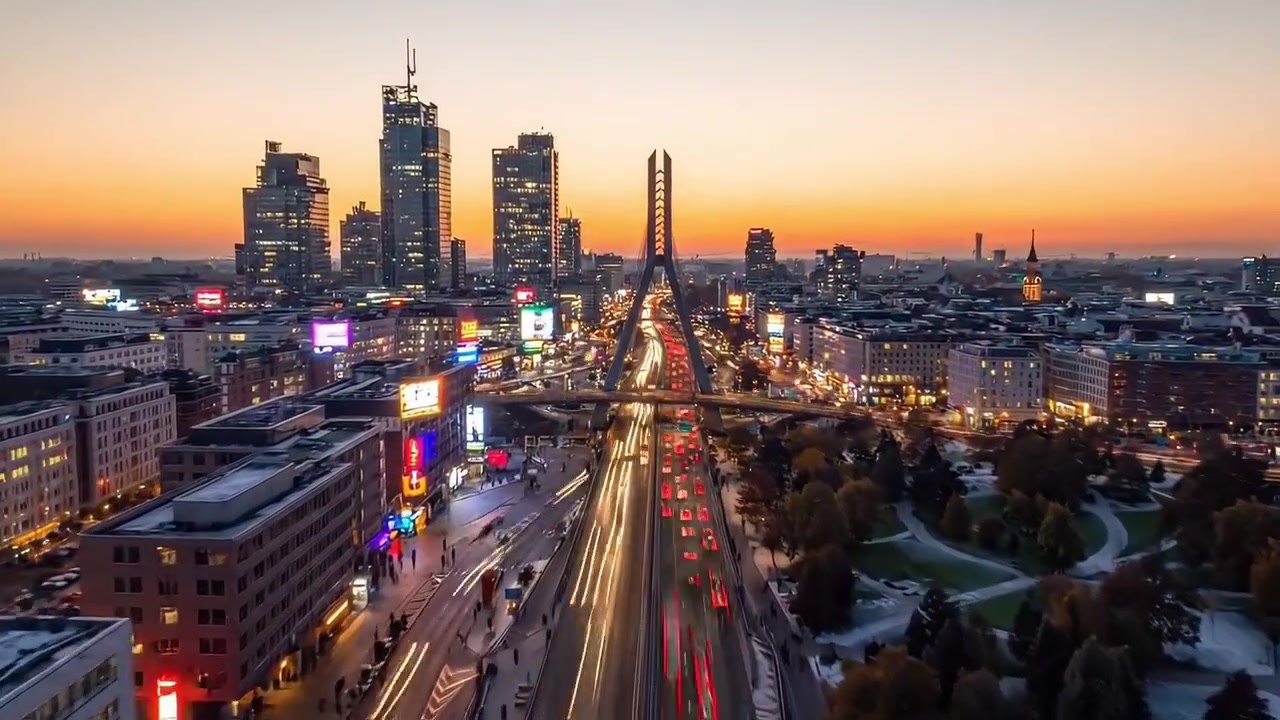 Una transizione mozzafiato del paesaggio urbano dal giorno alla notte, che cattura la vivace vita cittadina con traffico intenso ed edifici illuminati contro uno sfondo al tramonto.