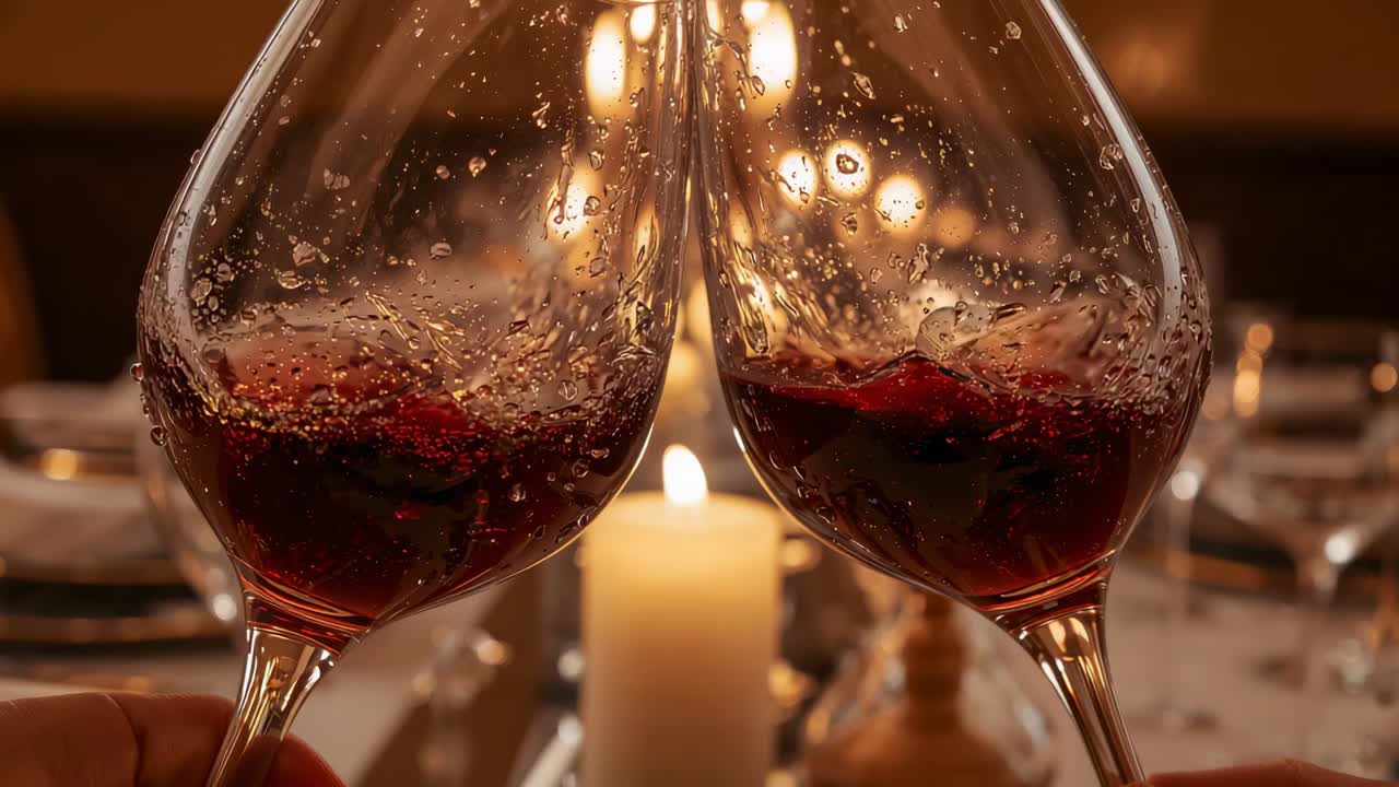 Clinking two stemmed wine glasses meeting rims at dining table, sparking toast near pillar candle