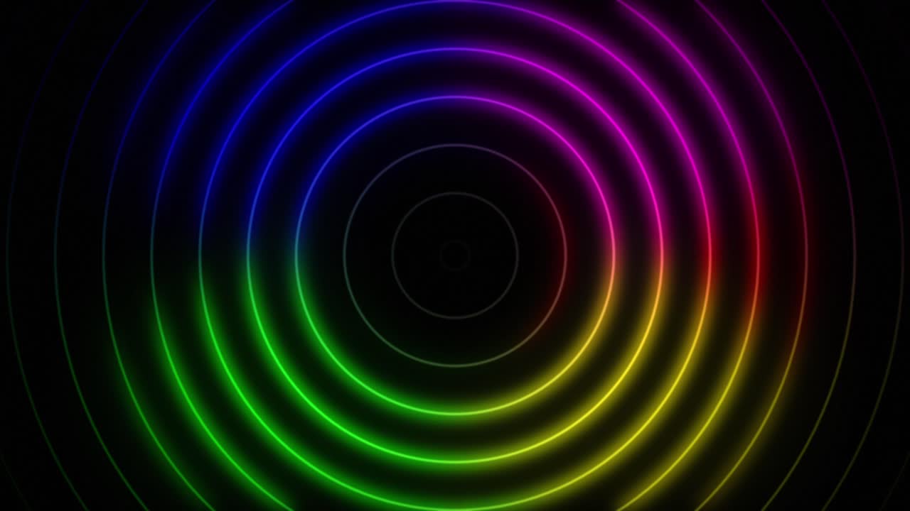 bucle sin costuras abstracto neón cuatro colores gradiente círculo concéntrico sobre un fondo negro