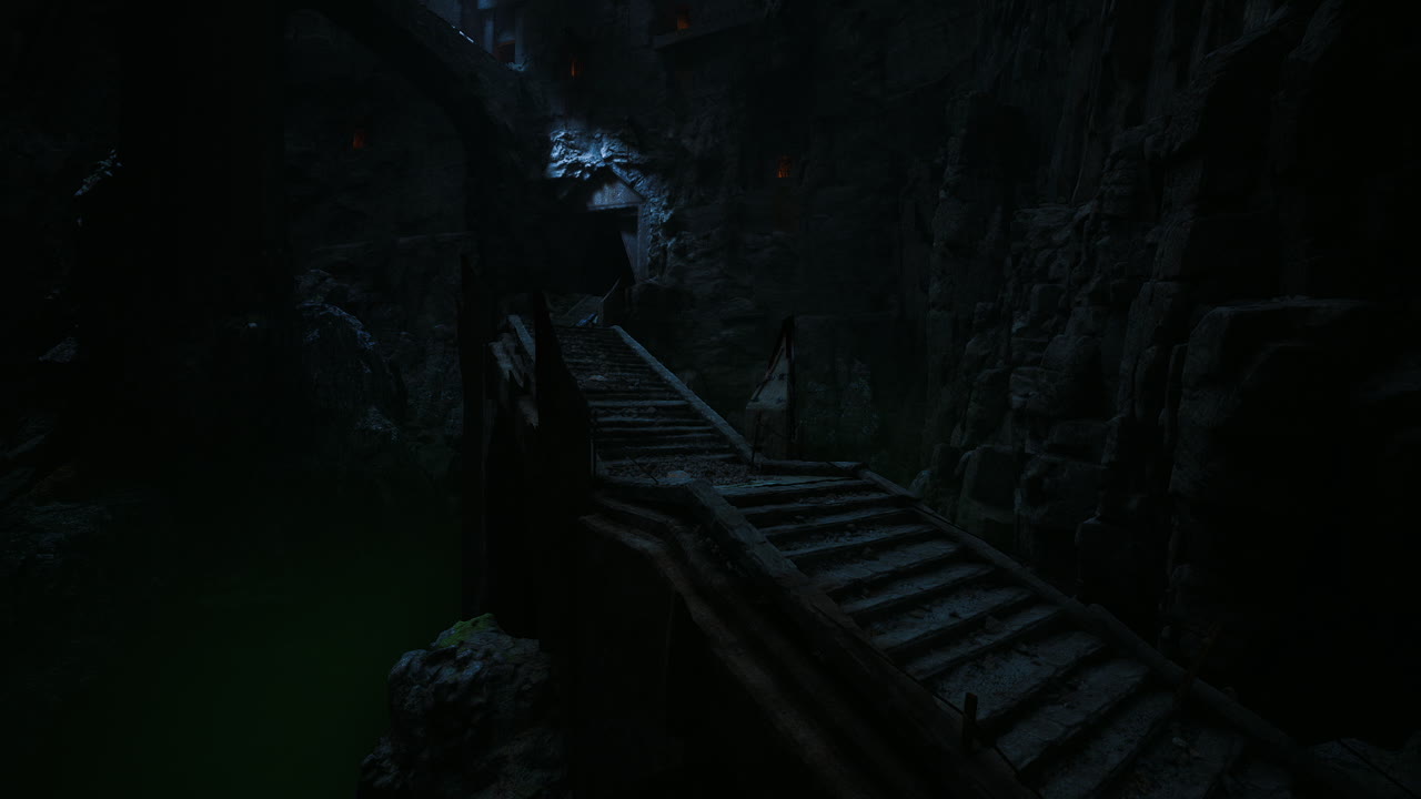 Mysterious dark cave with wooden bridge and eerie ambiance at night