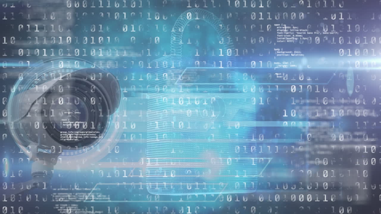 Animation of binary coding, data processing and cctv camera over blue and purple background