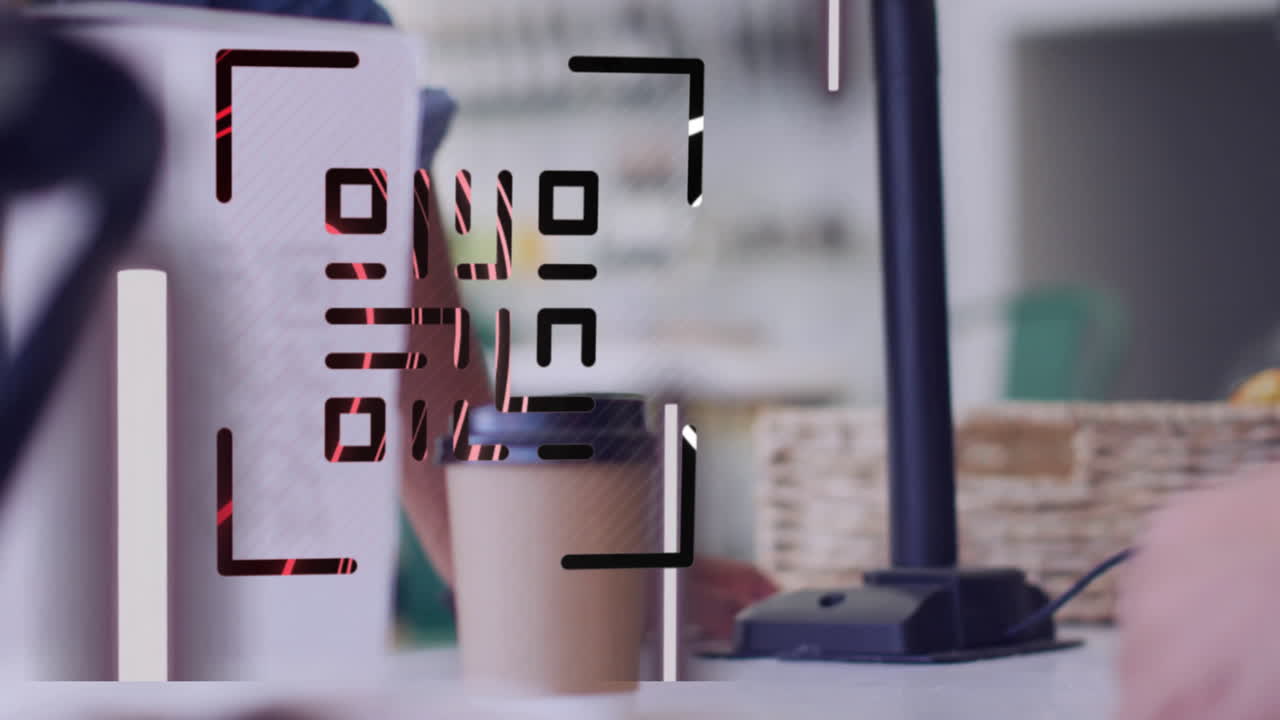 QR code animation over coffee cup and payment terminal on counter