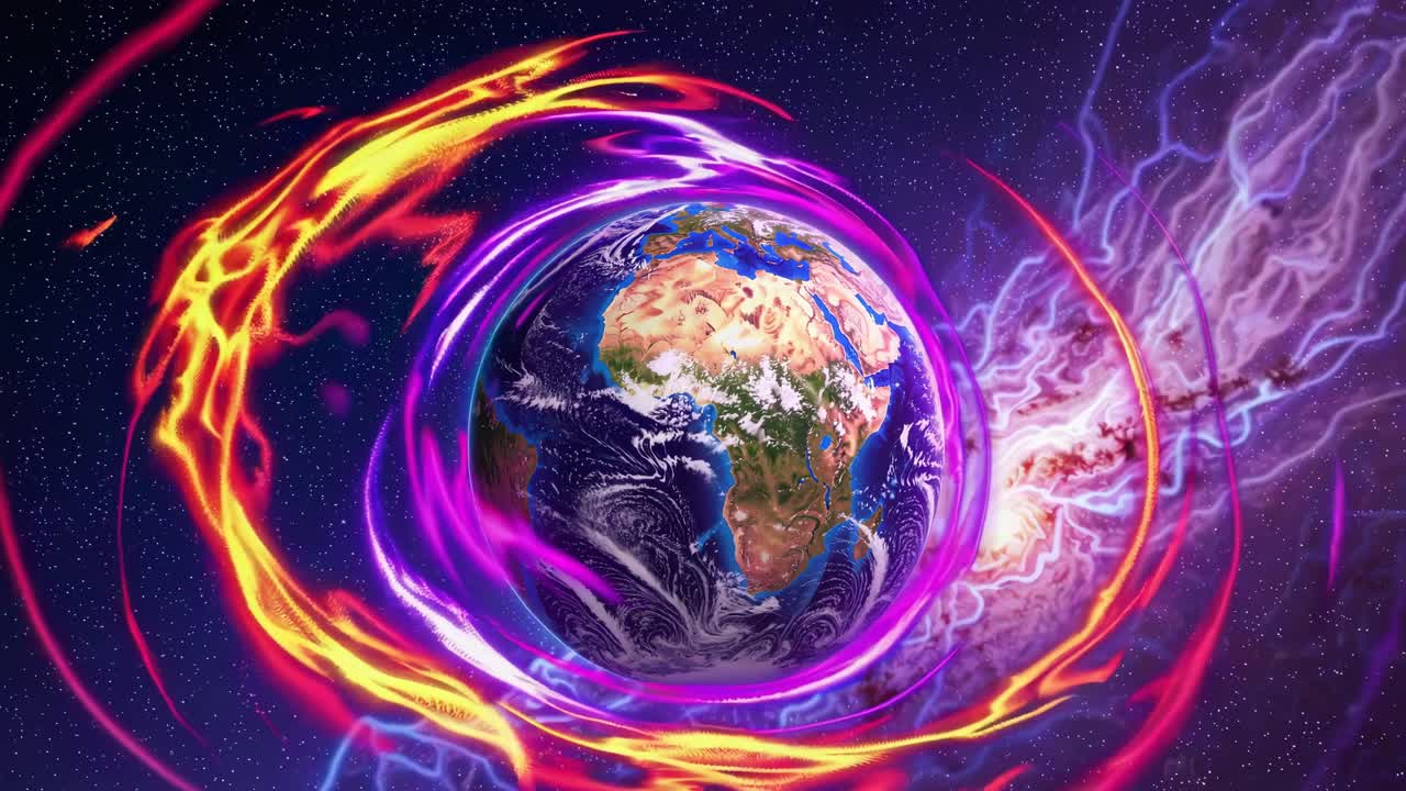 Earth rotating in space surrounded by colorful and vibrant flames and lightning, creating a captivating visual representation of cosmic energy and planetary dynamics