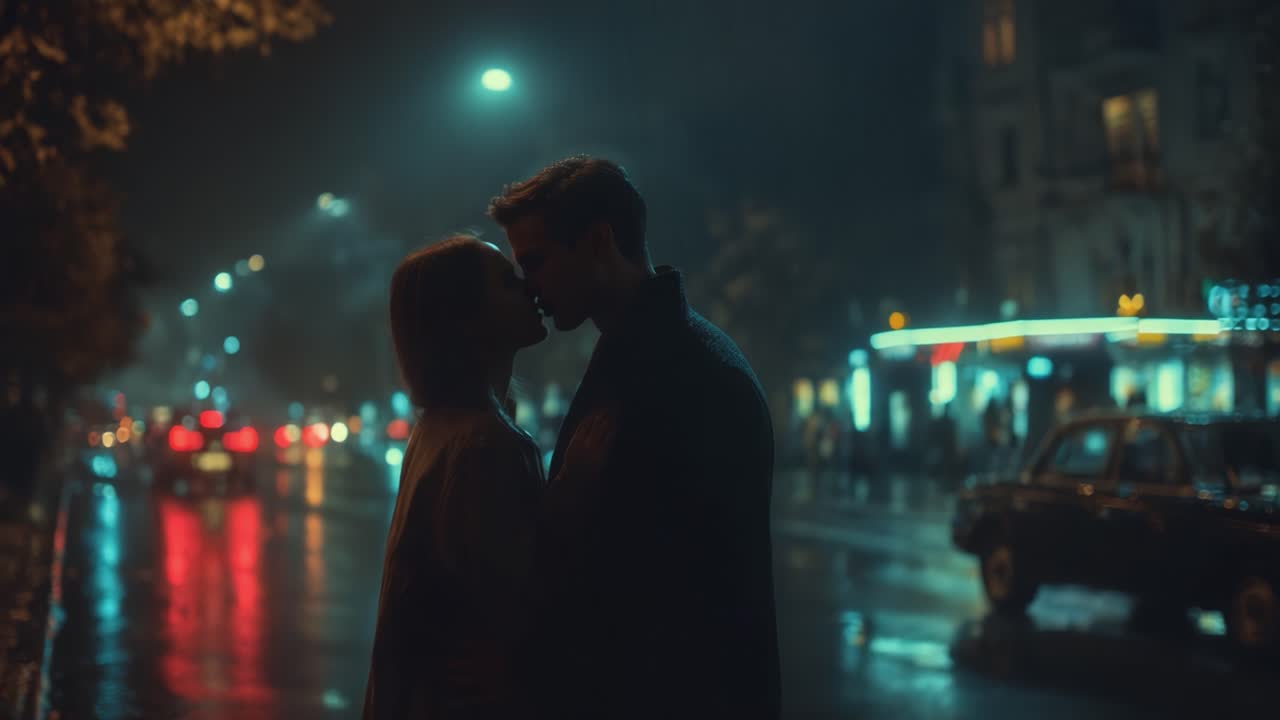 A Rainy Night Embraced: An Intimate Moment Between Two Lovers in a Vibrant, Neon-Lit City Street with Cars and Reflections in the Puddles