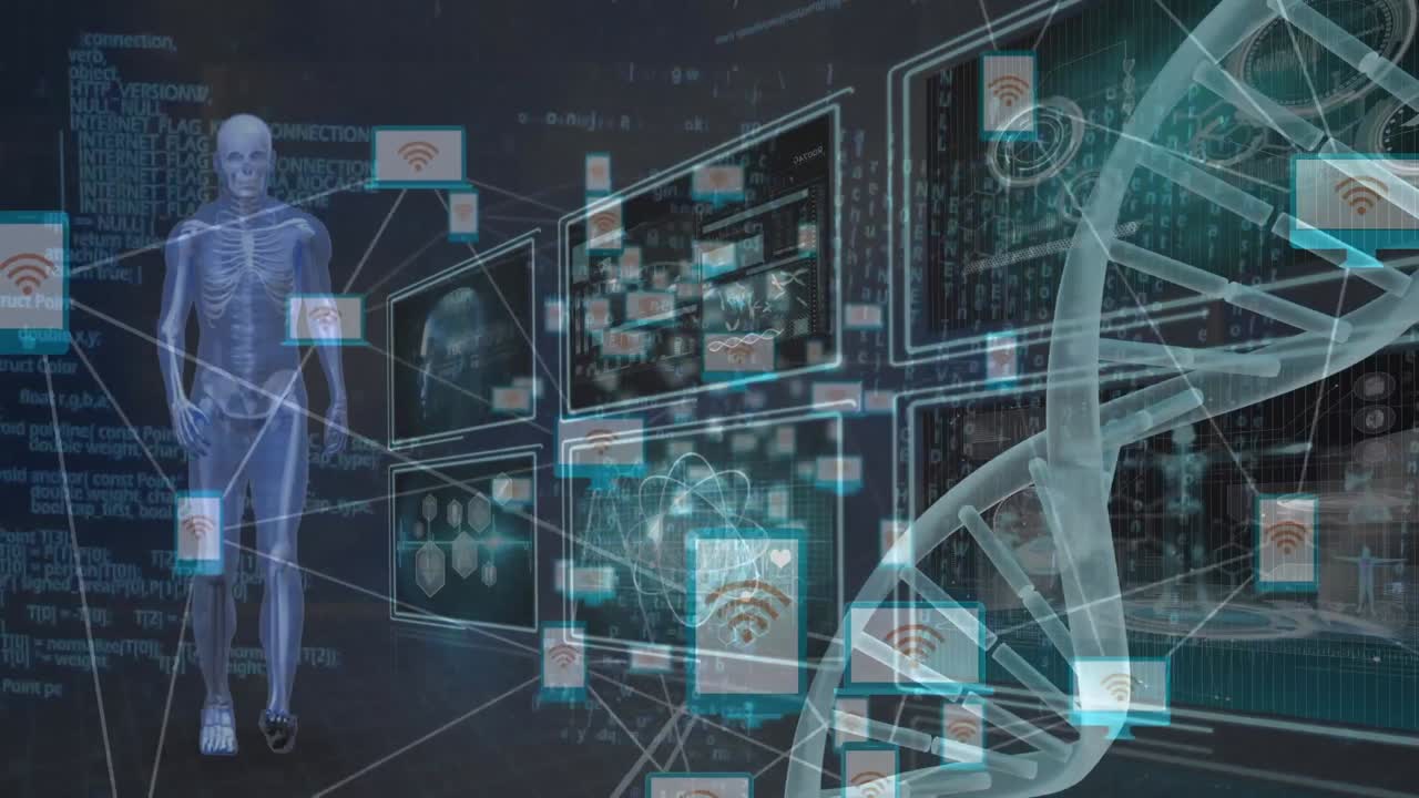인간 몸 위에서 회전하는 dna 가닥의 애니메이션, 파란색 배경의 과학 데이터 처리