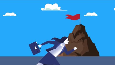 elegante mujer de negocios trabajadora corriendo con éxito bandera en carácter de montaña
