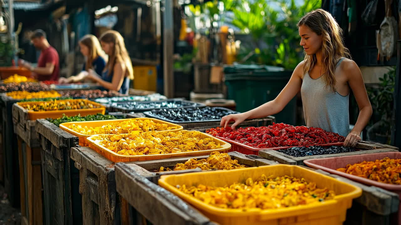 Persone che scelgono prodotti freschi. Persone che esplorano un mercato ricco di cesti colorati di frutta e verdura, godendosi la loro esperienza di shopping.