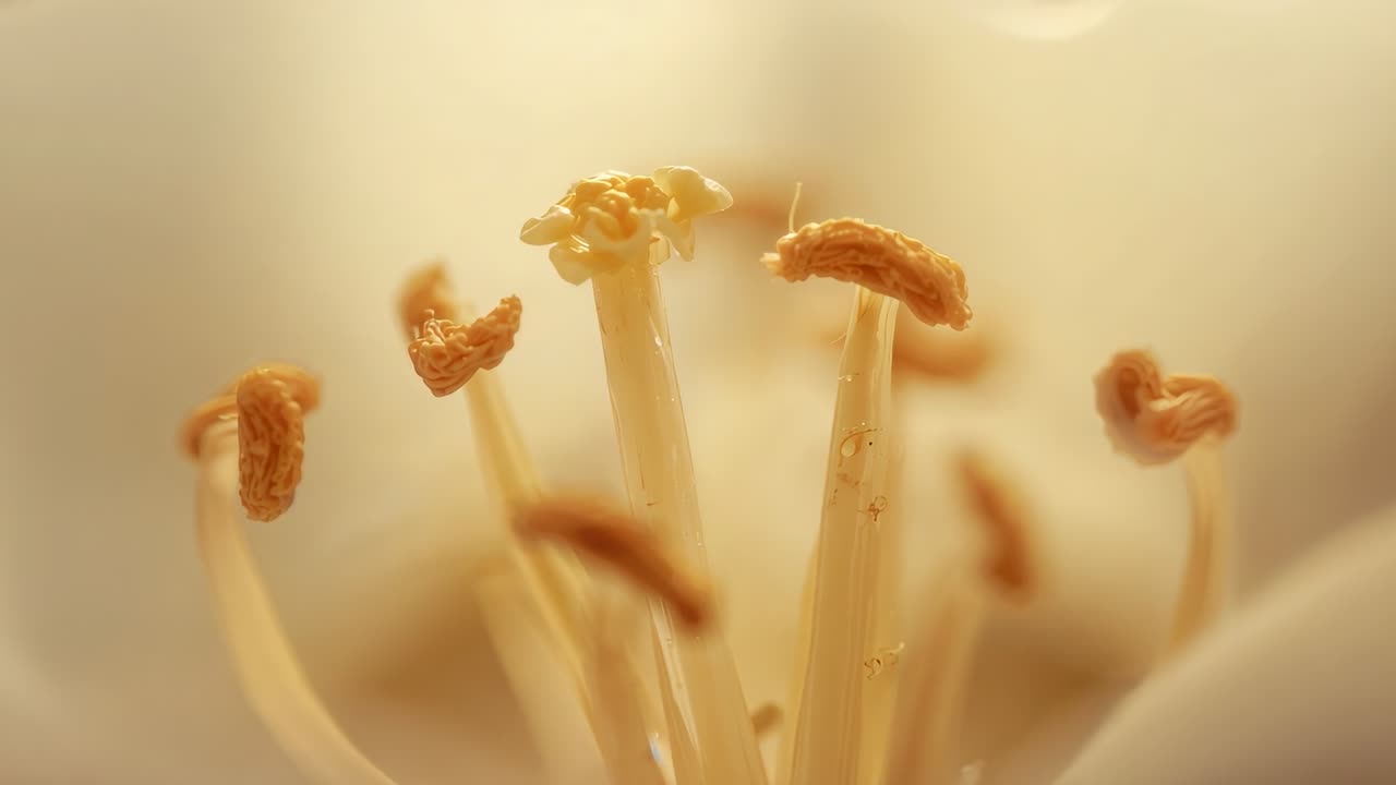 Mise au point de la caméra changeant, pistil central et étamines s’affinant en gros plan macro, révélant le pollen