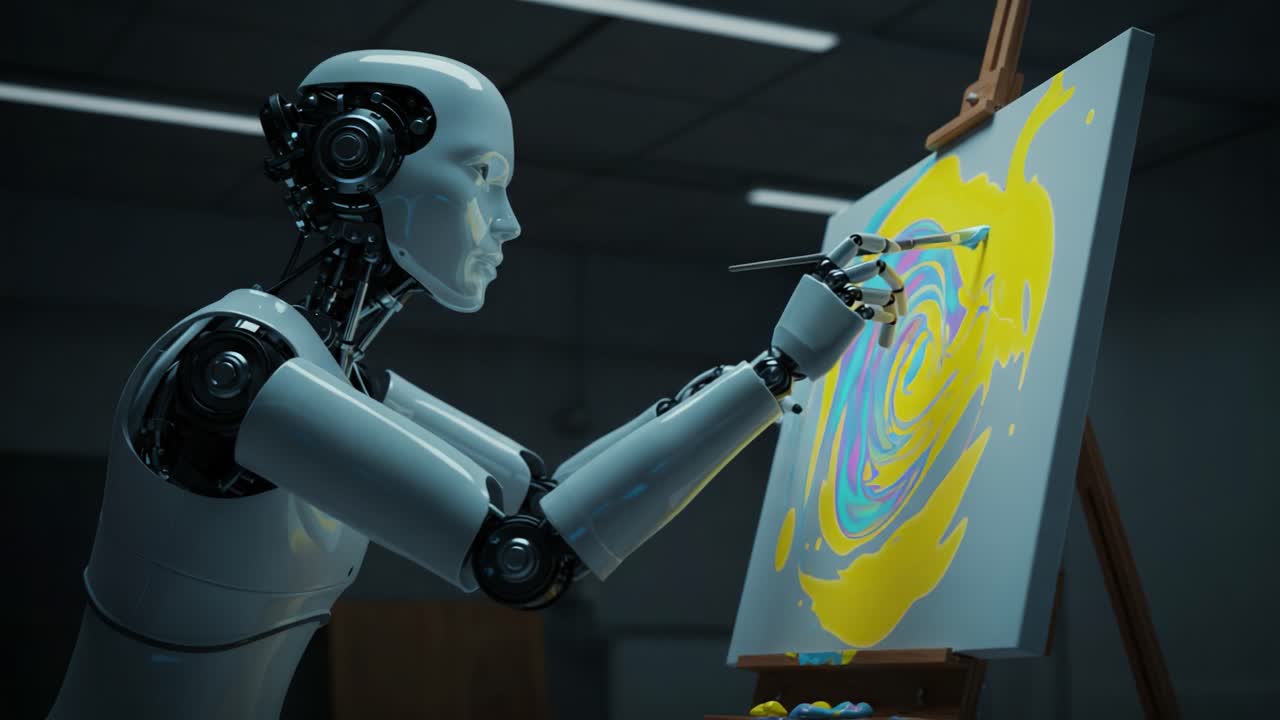 A futuristic robot artist deeply focused on creating vibrant abstract artwork on canvas, showcasing the intersection of technology and creativity
