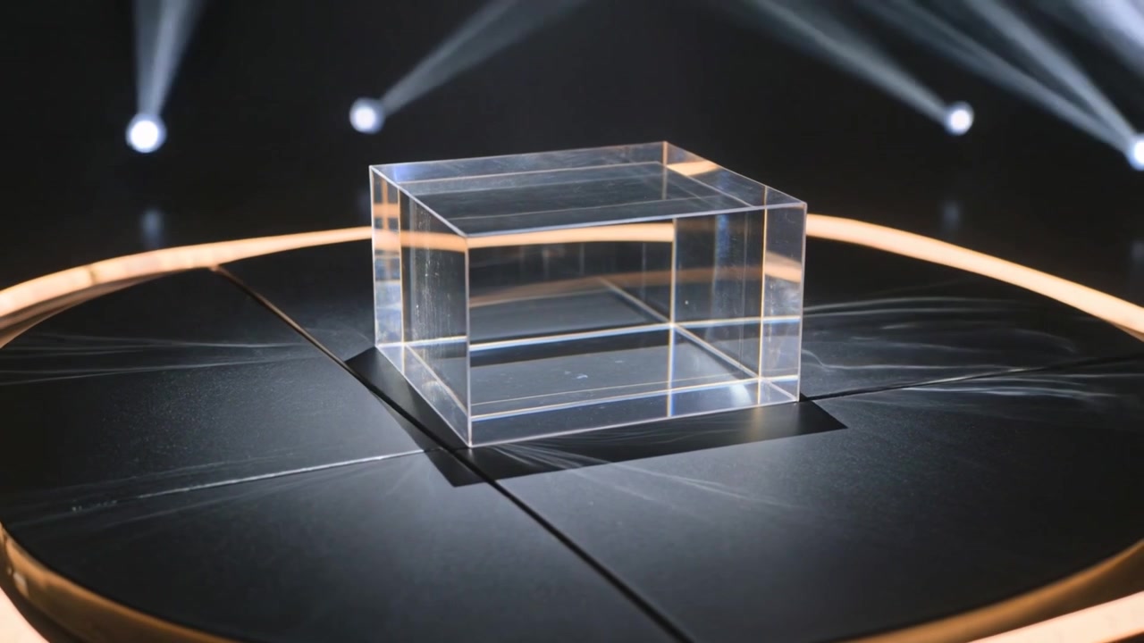 Luci dinamiche e panoramica della telecamera che rivelano un cubo di acrilico trasparente su un palco rotondo per la presentazione di un prodotto