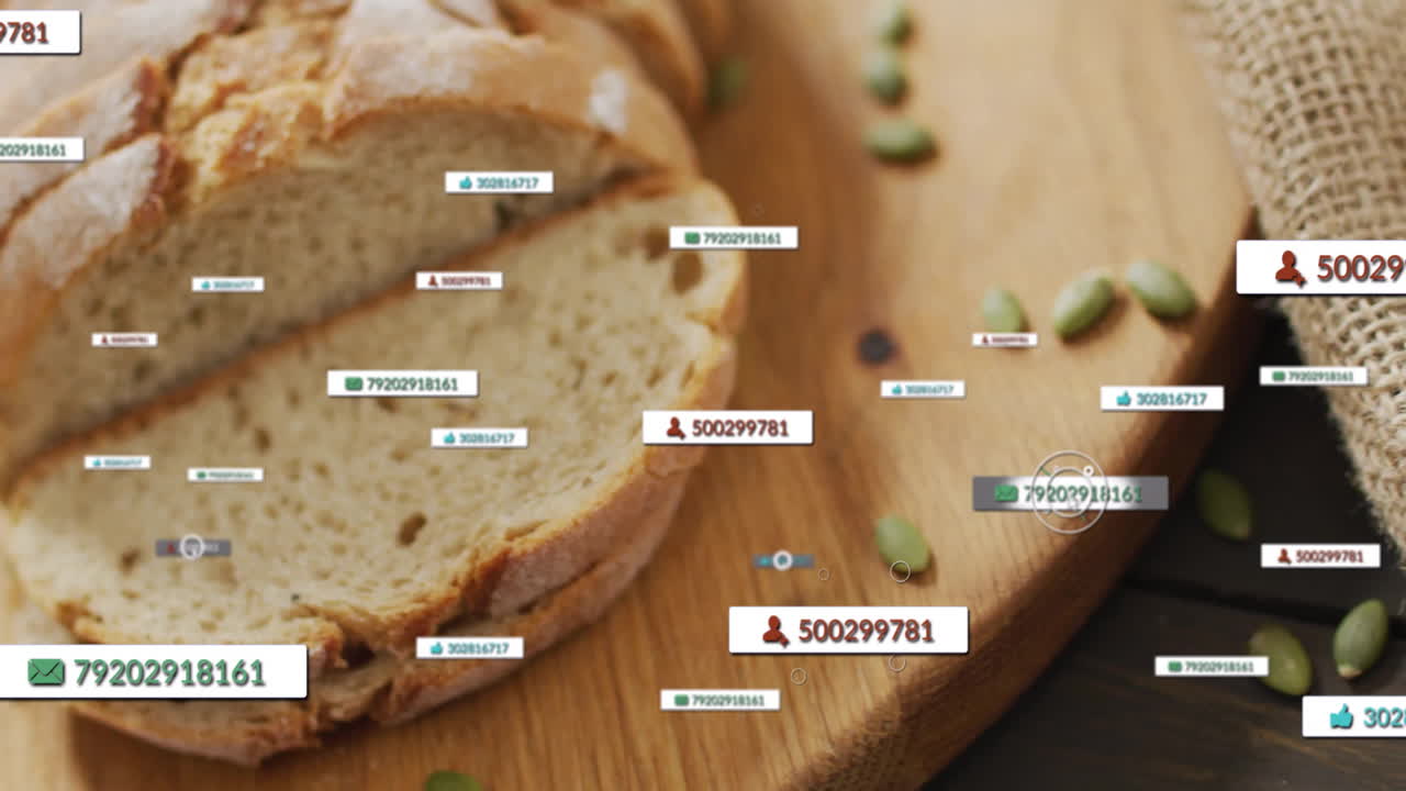 Digital data tags overlaying animation on sliced bread on wooden board