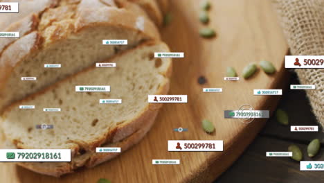 digital data tags overlaying animation on sliced bread on wooden board
