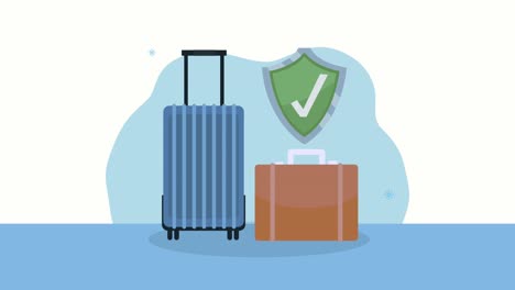 insurance service animation with suitcases and shield