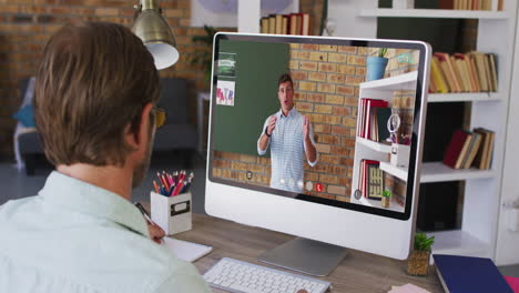 caucasian male student using computer on video call with male teacher