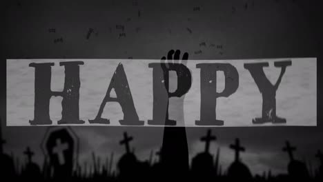 digital animation of happy halloween text banner against zombie hand coming out of graveyard