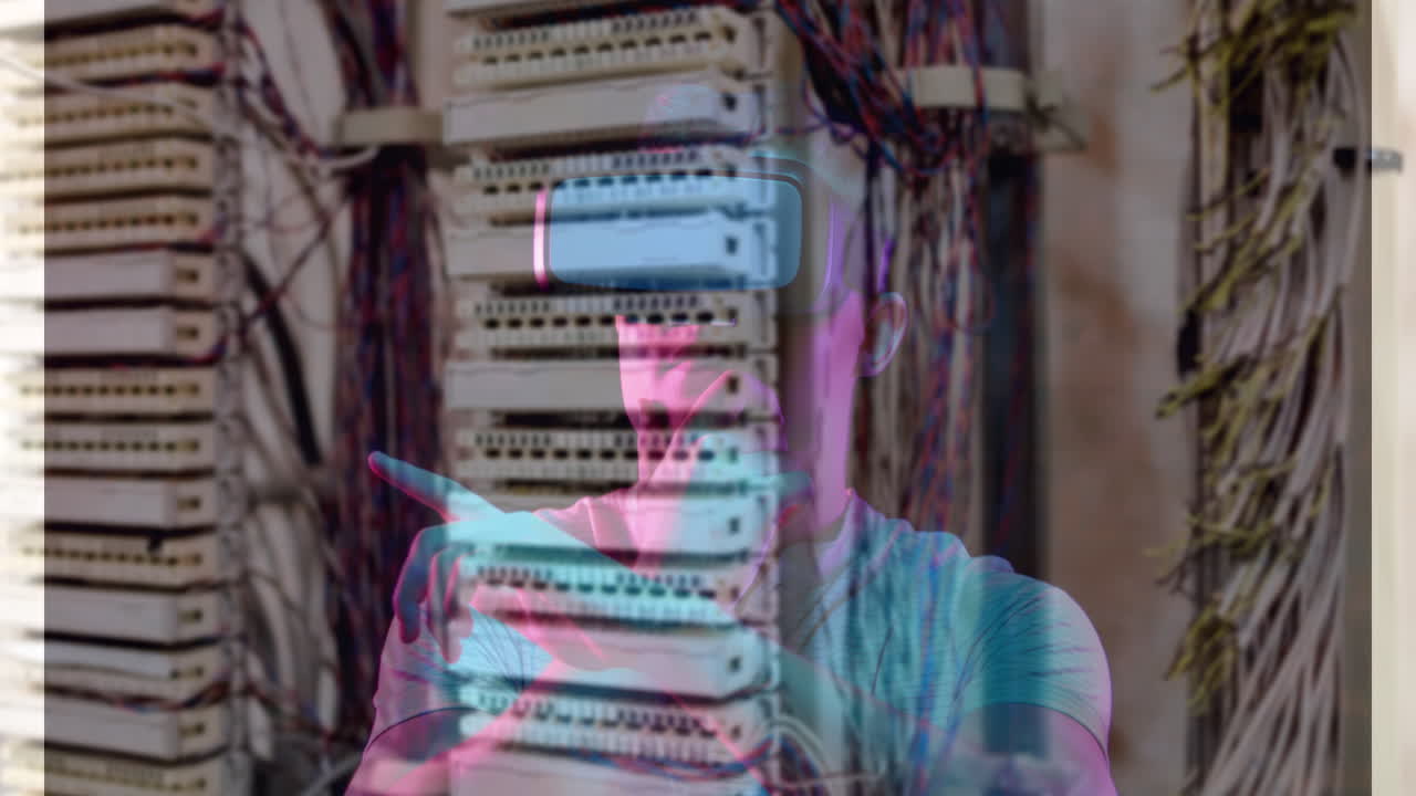 animación de hombres usando auriculares vr sobre la sala del servidor