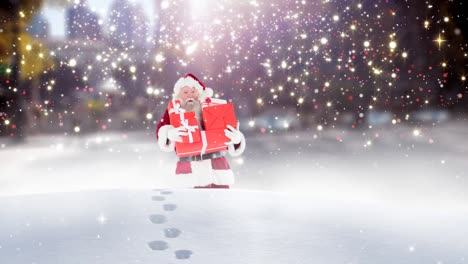 Santa-clause-wandering-through-high-snow-combined-with-falling-snow