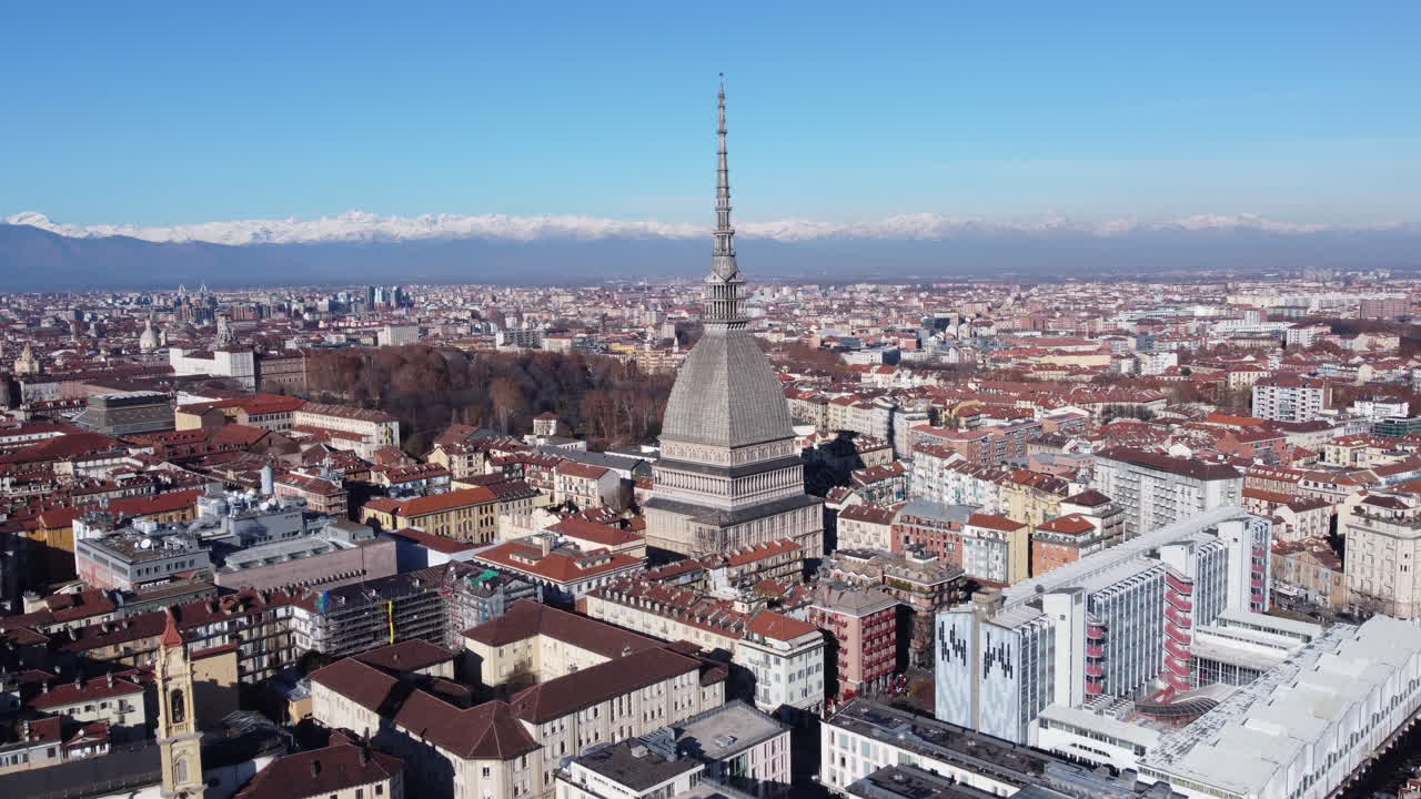 Aerial Dolly In to Mole Antonelliana Landmark in Turin City Center