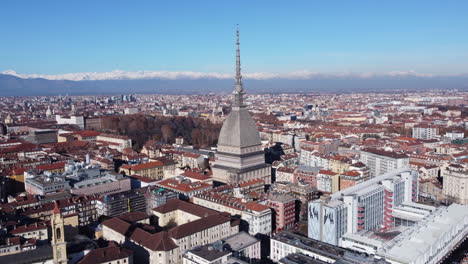 aerial dolly in to mole antonelliana landmark in turin city center