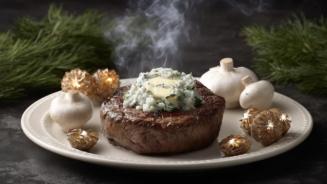 A Gourmet Steak Experience: Perfectly Cooked Filet Mignon with Garlic Butter and Herbs, Garnished with Mushrooms and Festive Lights for a Luxurious Dining Delight