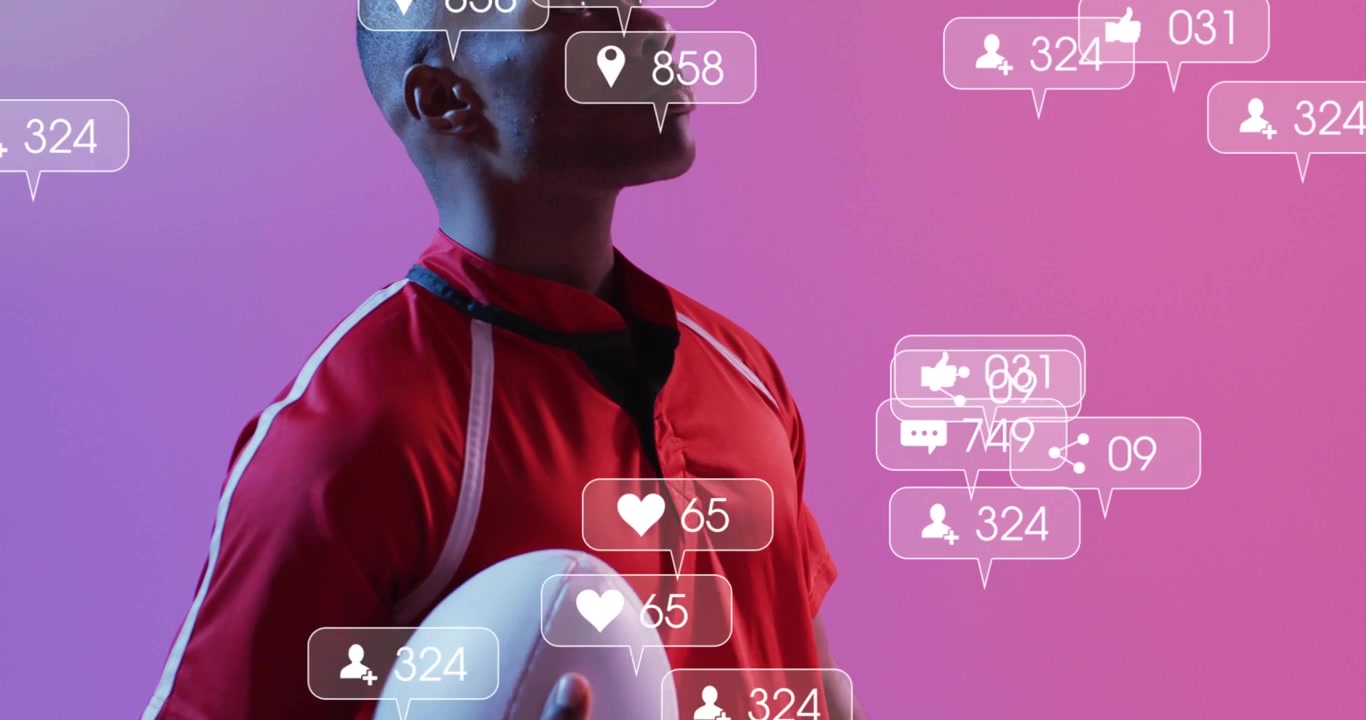 Male athlete gazing at rugby ball causing shifting social media metrics around him