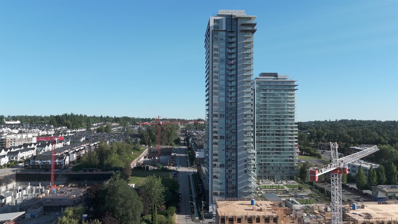 Towering Condominiums In The City Of Langley In British Columbia, Canada. Aerial Drone Shot