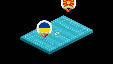 ucrania vs macedonia del norte partido de fútbol animación de video de campo isométrico. fútbol 2020 partido de campeonato contra equipos intro deporte alfa matte fondo, competencia animación full hd