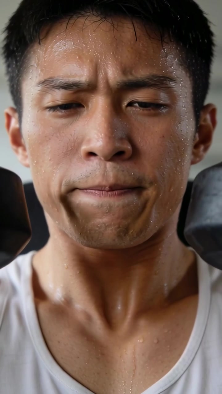 Vertical video: Pressing Asian man in white tank starting dumbbell reps at bench for strength