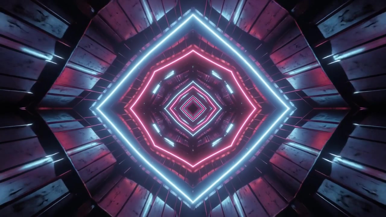 Futuristic Tunnel with Glowing Neon Pink and Blue Geometric Lights