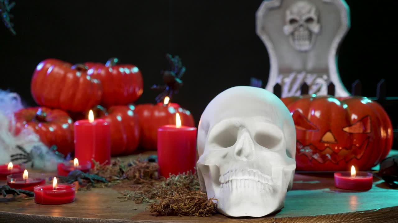 Halloween Still Life with Skull, Pumpkins, and Candles