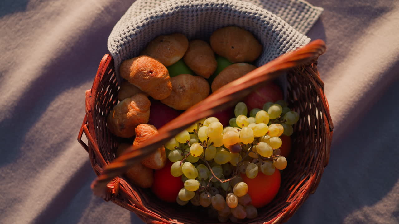 cesta con pasteles y frutas en la manta. cesta de picnic llena de una seductora mezcla de frutas y delicias de panadería. concepto de picnic romántico de fin de semana