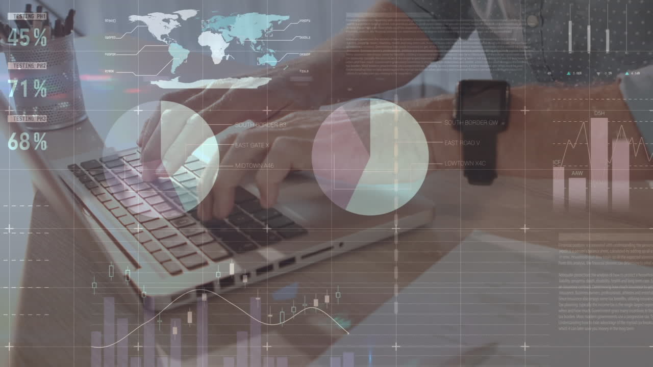 animación de procesamiento de datos estadísticos contra la sección media de un hombre usando una computadora portátil en la oficina
