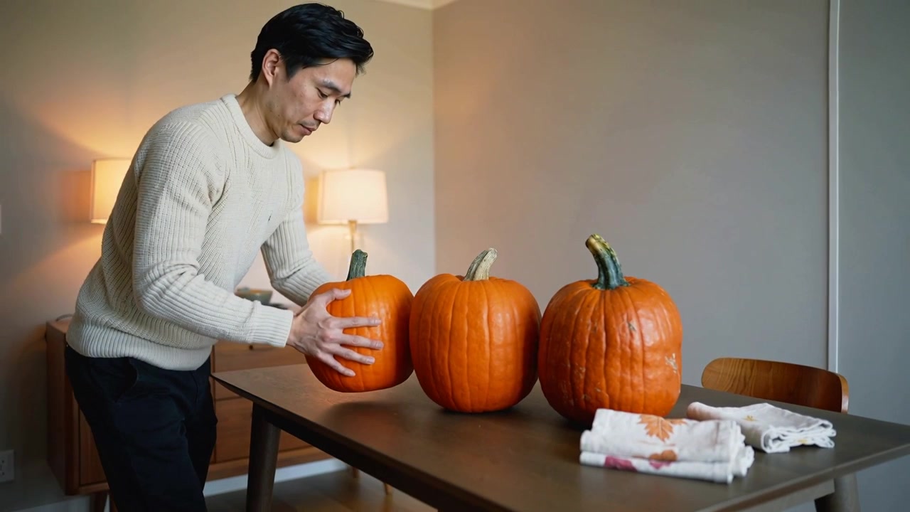 Entering left man in cream knit lifting pumpkin aligning pumpkins on table at home forming row