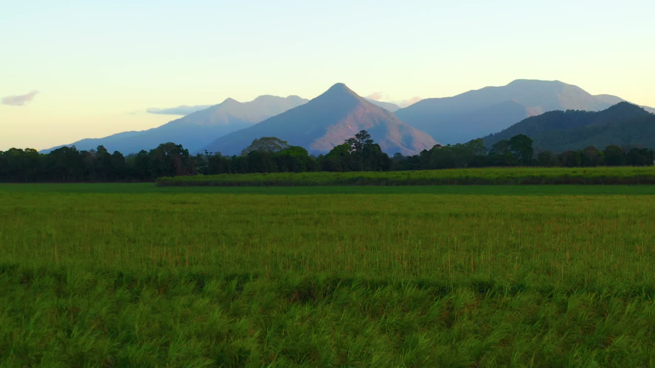 ทุ่งหญ้าสีเขียวและภูมิทัศน์ภูเขาในชนบทของ cairns ในควีนส์แลนด์, ออสเตรเลีย