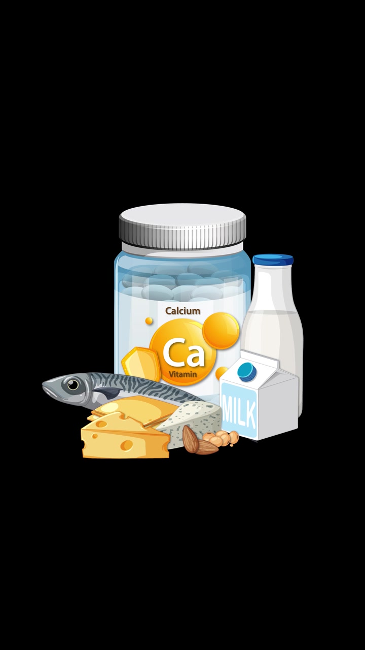 Bouteille de supplément de calcium avec du lait, du fromage, du poisson et des noix apparaît sur fond noir, animation verticale