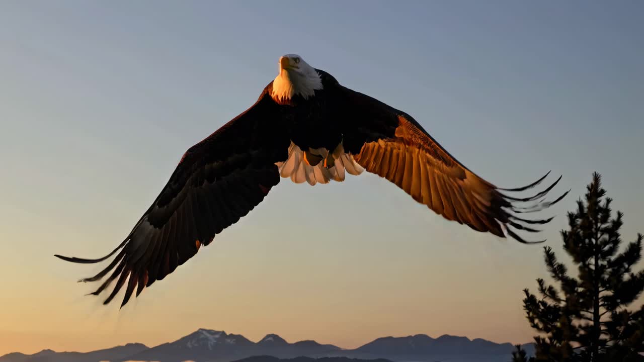 Majestic eagle in flight captured from a low-angle, soaring against a sunset sky