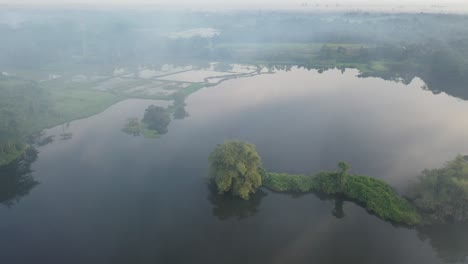 foggy morning over rice paddies and lake
