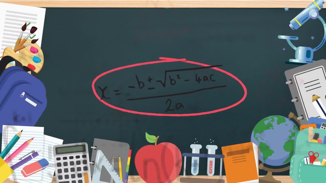 Animation of school items over mathematical drawings on blackboard