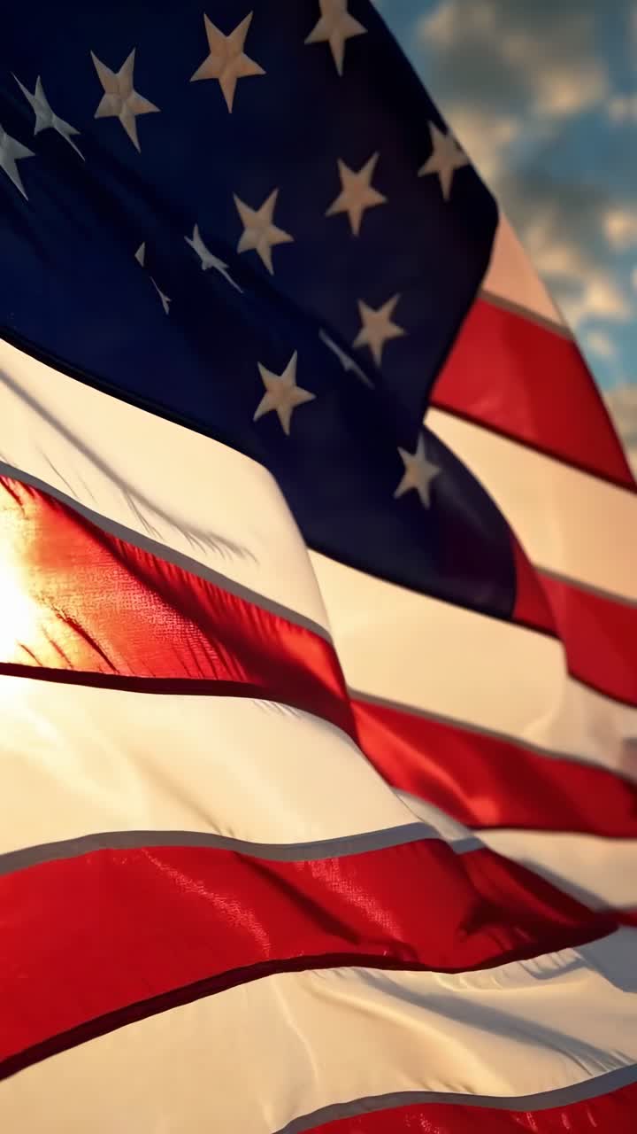 Video ravvicinato e dal basso dell'American flag che sventola contro un cielo nuvoloso, a simboleggiare il patriottismo