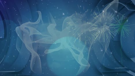 animación de partículas blancas sobre ondas digitales y fuegos artificiales que estallan contra un fondo azul