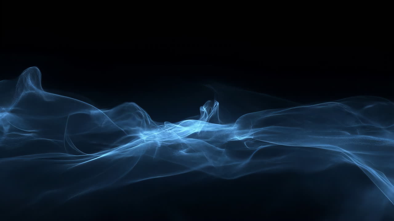 Blue Smoke Ribbons Drifting Over Black, Silky Translucent Waves, Slow Fluid Motion, Ambient Glow, Meditative