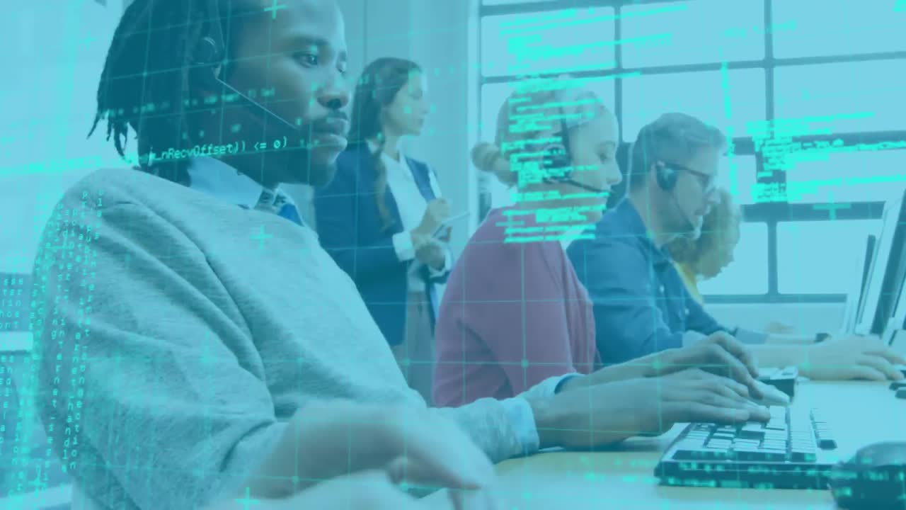 Animation of group of multi-ethnic call centre workers wearing headsets and using computers in offic