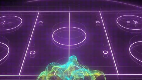 basketball court with neon lines and abstract data processing animation