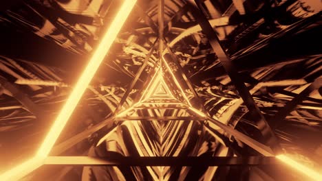 motion graphics of immersing through highly reflective, bright golden prism shape tunnel