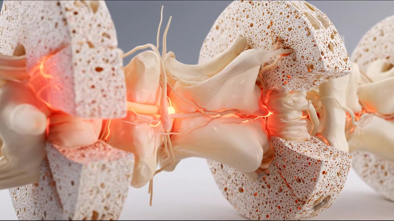 Animazione medica 3D della compressione e infiammazione del nervo spinale