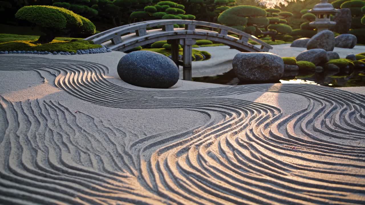 Low-angle shot of a Zen garden with raked sand patterns, stones, and a wooden bridge