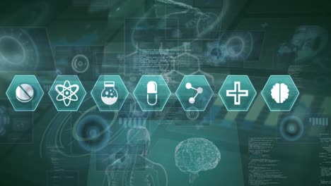animación de hexágonos con iconos médicos sobre las pantallas de las interfaces de hud